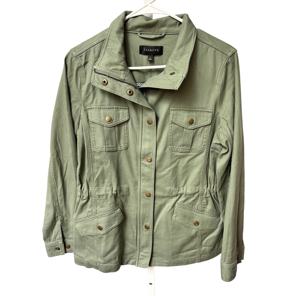 Talbots Womens Green Utility Jacket Full Zip Snap Button Pockets Size S- $139.00